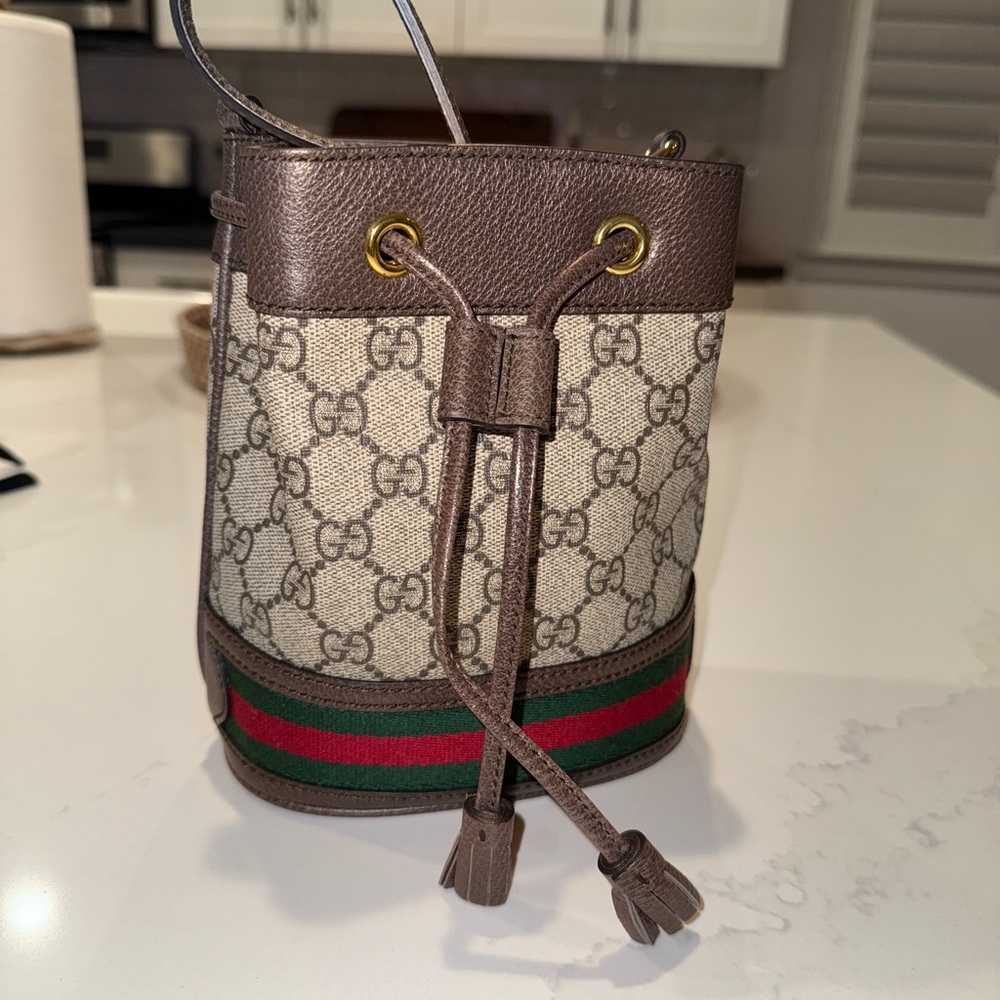 Authentic Gucci GG Supreme Monogram Web Mini Ophidia Bucket Bag